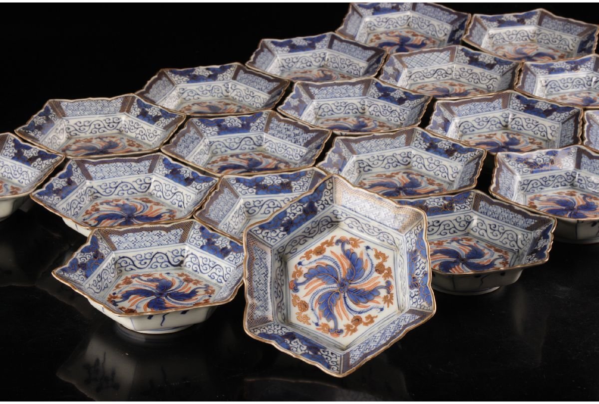 伊万里染付金彩花草図六角向付20客